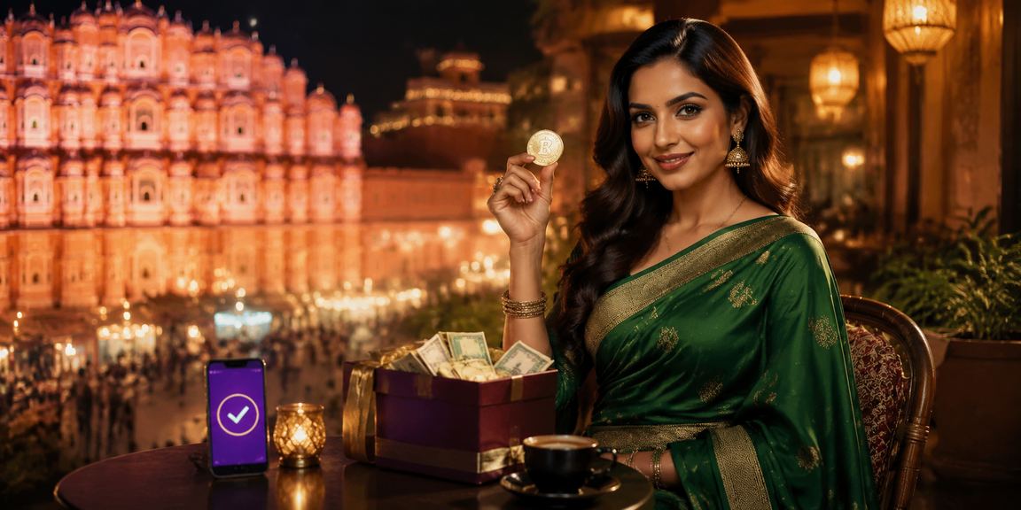 Woman playing Slots on mobile while making payments near Hawa Mahal in Jaipur